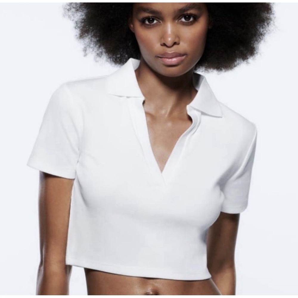 ZARA Top Women's Ribbed Short Sleeve Polo Shirt White Medium Cropped